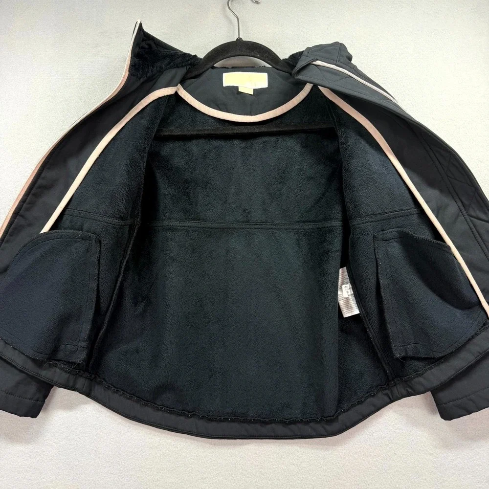 Michael Kors Soft Shell Jacket Girls 7/8 Black Fleece Lined Hooded Gold Full Zip